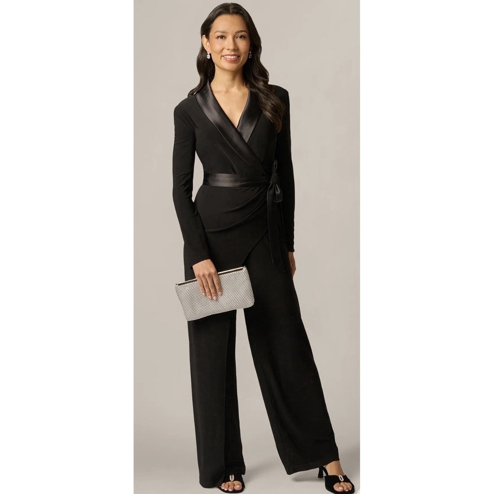 $179 Adrianna Papell Jersey Wide Leg Tuxedo Jumpsuit Charmeuse Detail Size 14